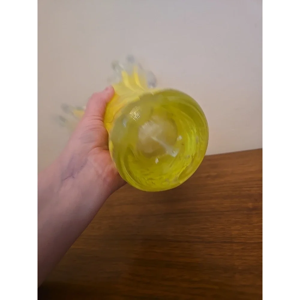 Vintage Dramatic Art Glass Yellow Swirl Swung Wave Vase Clear 11.25in
